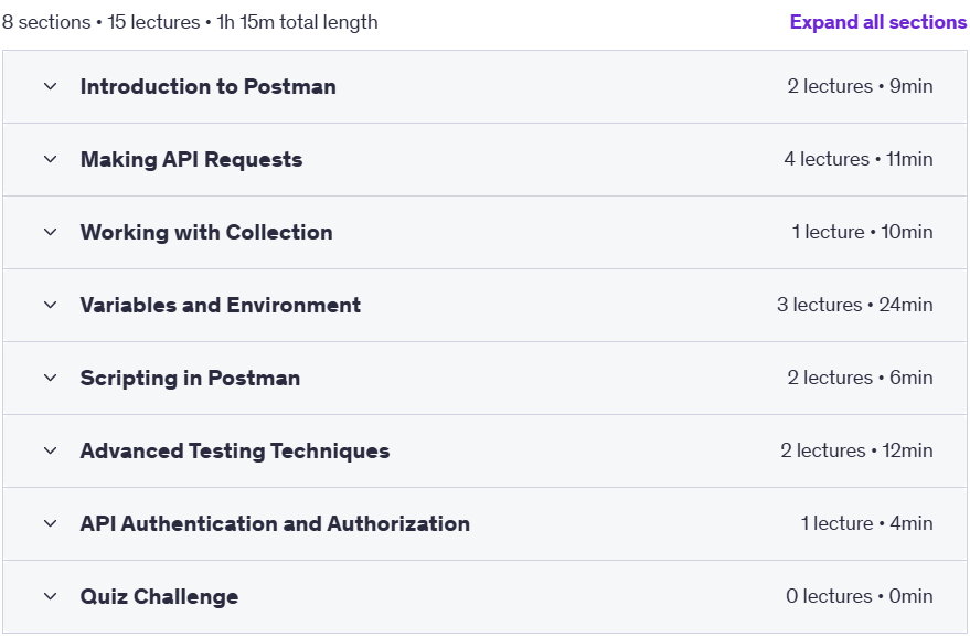 Course topics · Udemy — Mastering Postman: A Comprehensive API Testing Course 2024-5