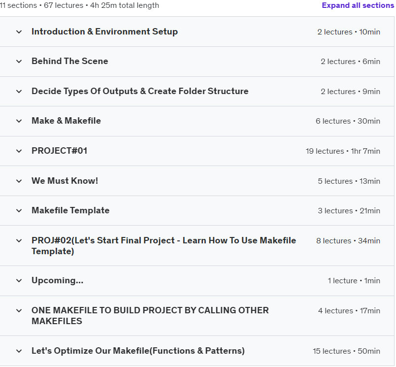Course topics · GNU Make & Makefile To Build C/C++ Projects – (LINUX,MAC) 2023-7