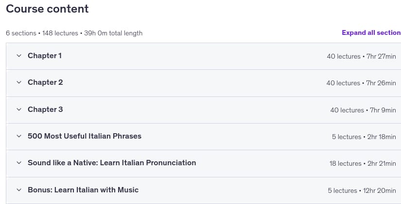 Course topics · Udemy — Complete Italian Course: Learn Italian for Beginners 2025-6