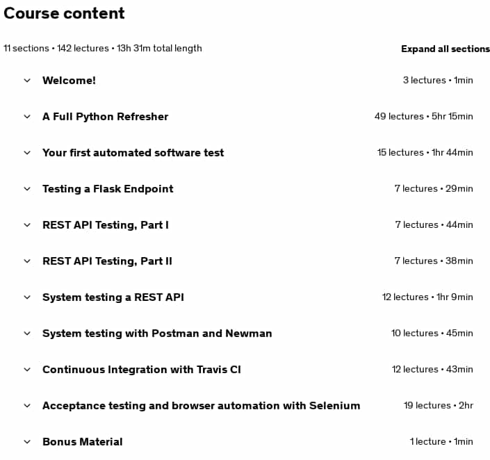 Course topics · Udemy — Automated Software Testing with Python 2024-11