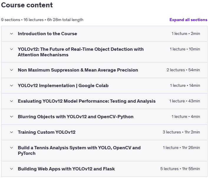 Course topics · YOLOv12: Custom Object Detection, Tracking & WebApps 2025-2