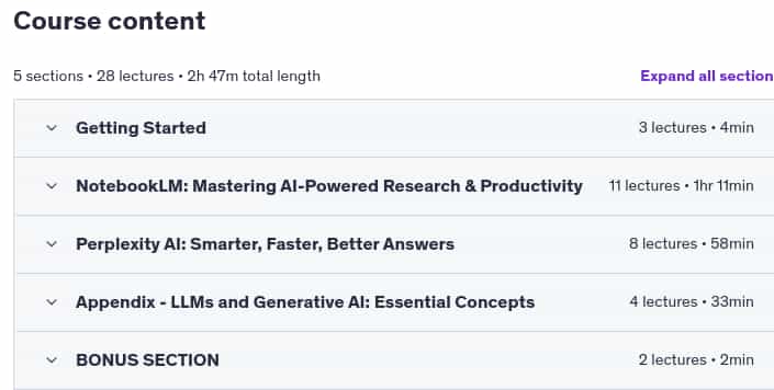 Course topics · Udemy — Master NotebookLM & Perplexity: GenAI to Boost Productivity 2025-3