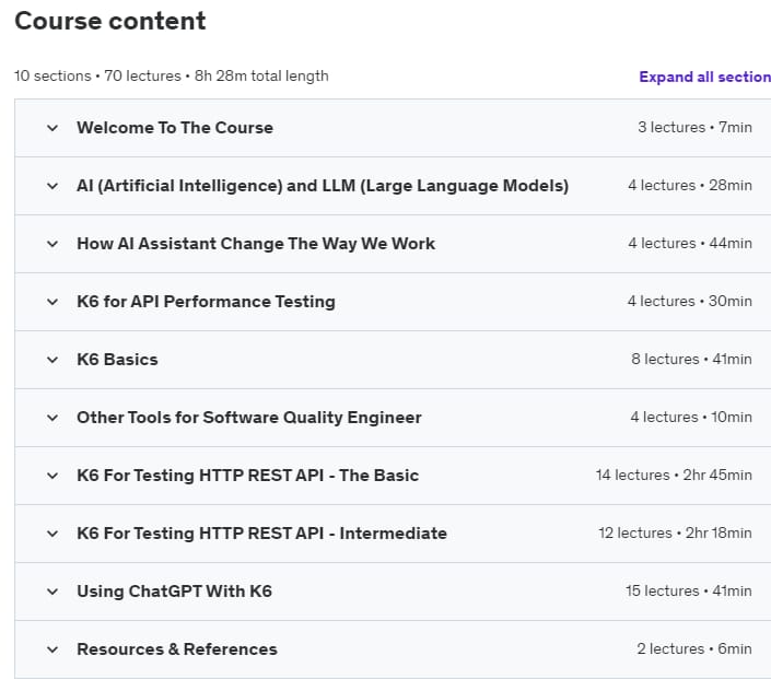 Course topics · API Performance Testing With K6, Github Copilot, and ChatGPT 2024-4
