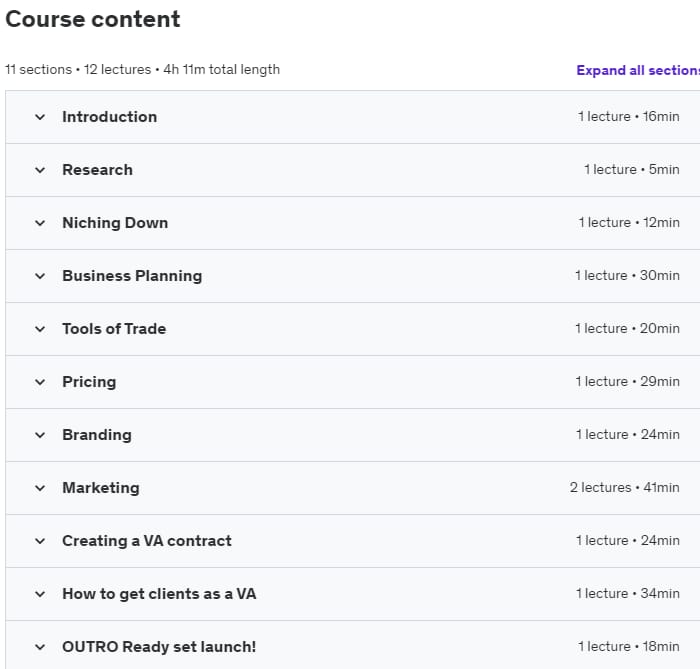 Course topics · The Virtual assistant (VA) Start up Masterclass 2023-6