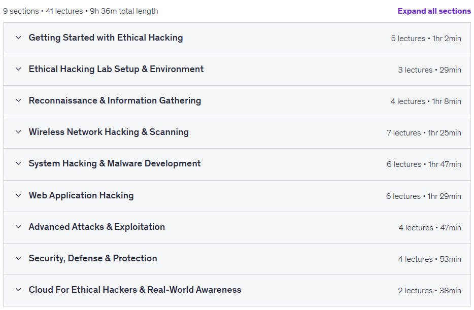 Course topics · Ethical Hacking Bootcamp 2026: Job-Ready with Hands-on Labs 2026-3