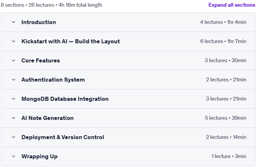 Course topics · Udemy — Build & Launch Your First AI SaaS App 2025-3