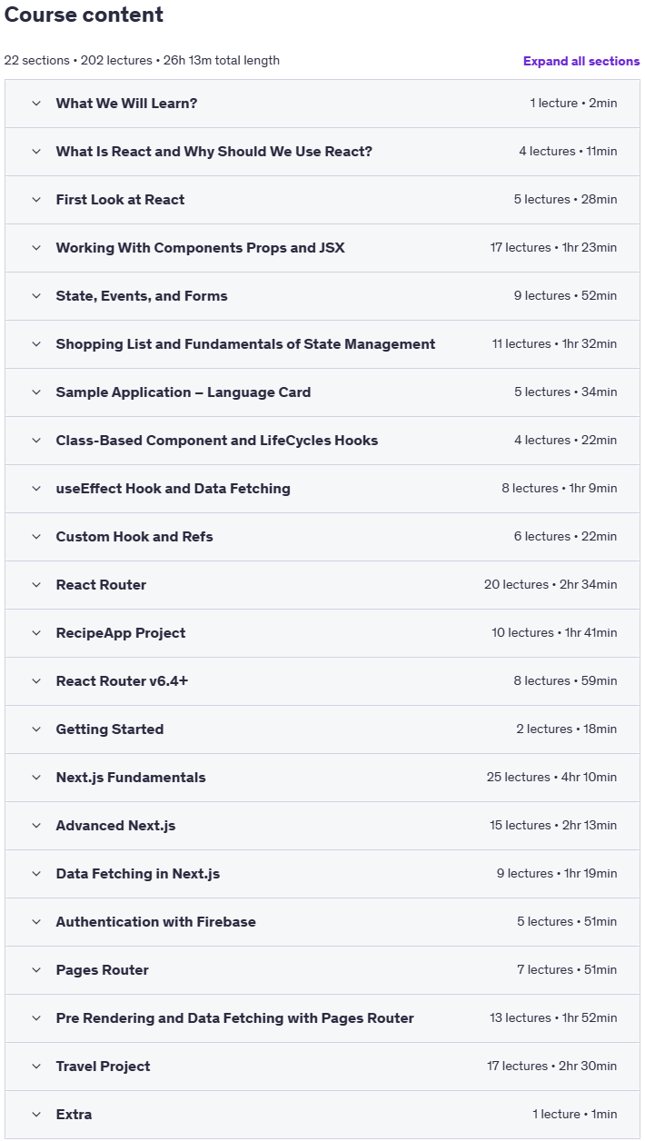 Course topics · Next.js and React: The Complete Modern Web Development Guide 2025-2