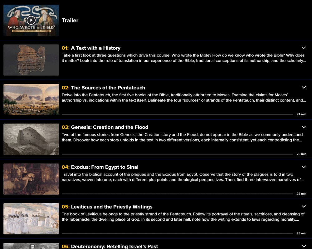 Course topics · The Great Courses Plus — Who Wrote the Bible? Searching for Its Origins and Authors 2025-11