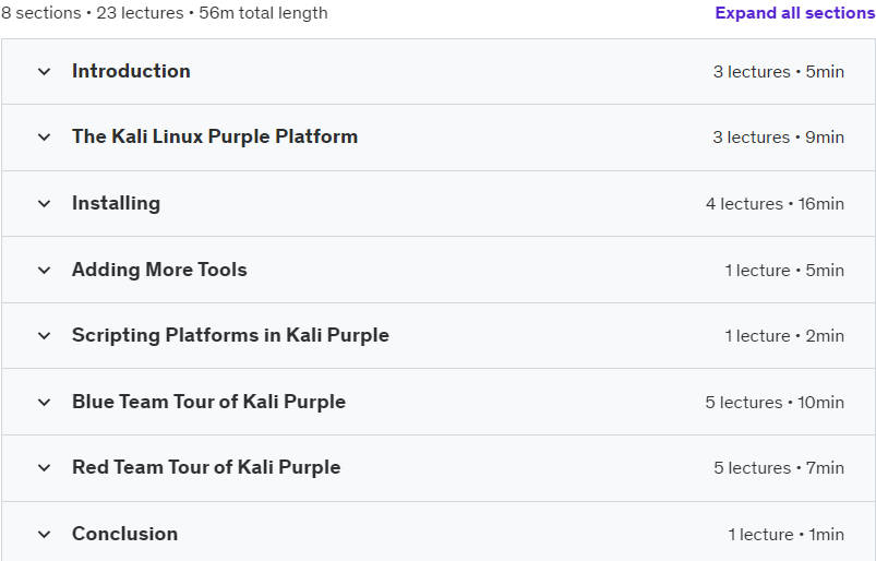 Course topics · Udemy — Kali Linux Purple – Learn to Use Kali for Defense 2023-4