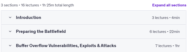 Course topics · Udemy — Ethical Hacking & Bug Hunting: Buffer Overflow For Beginners 2019-7