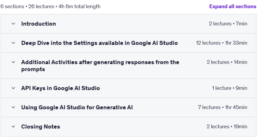 Course topics · Udemy — Google AI Studio Masterclass – A Gen-AI Certification Course 2025-2