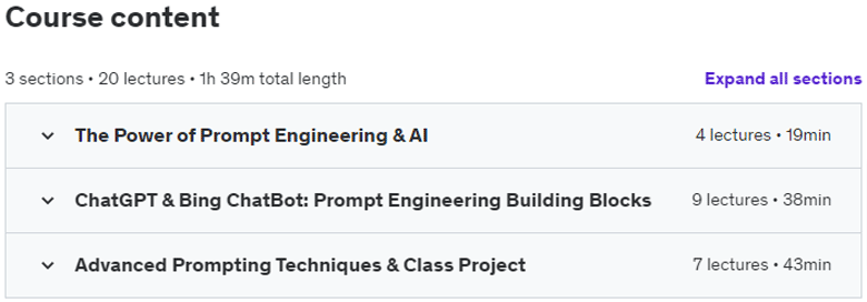 Course topics · Udemy — ChatGPT + Bing Chat: Combined AI Masterclass (1000+ Prompts) 2023-5