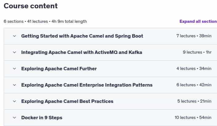 Course topics · Udemy — Learn Apache Camel Framework with Spring Boot 2025-3