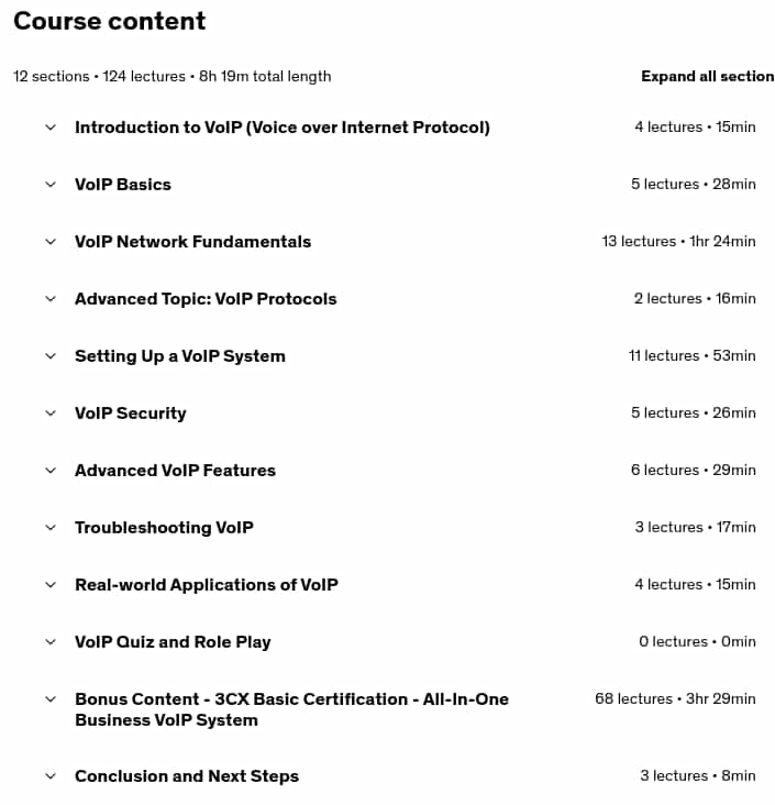 Course topics · Udemy — VoIP Systems for Beginners (Voice over Internet Protocol) 2025-7