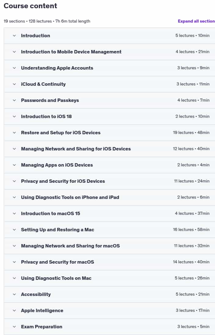 Course topics · Udemy — Apple Certified Support Professional Training 2025 2025-8
