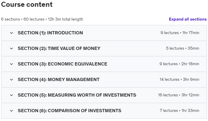 Course topics · Udemy — Engineering Economics Analysis (Part 1 of 2) 2022-7