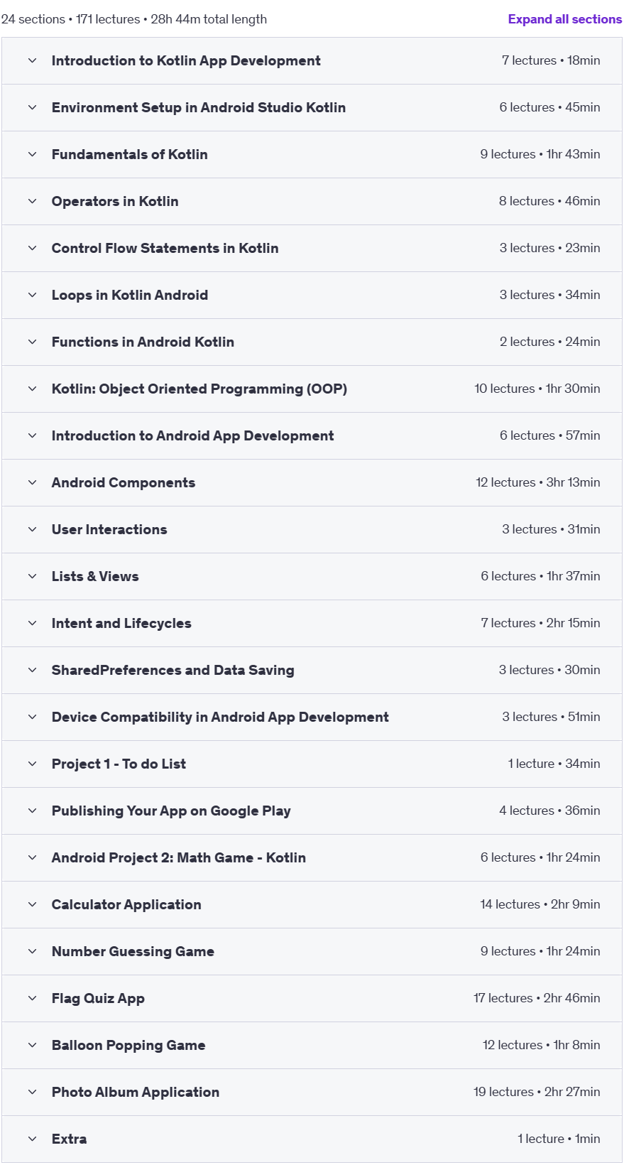 Course topics · Udemy — Kotlin | Android App Development with Hands-on 7 Kotlin Apps 2024-8