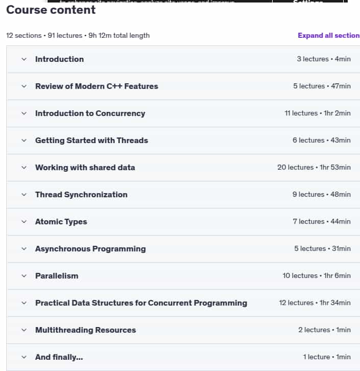 Course topics · Udemy — Learn Multithreading with Modern C++ 2025-8