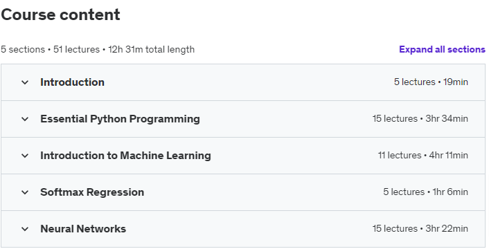 Course topics · Udemy — Building your own Neural Network from Scratch with Python 2021-11