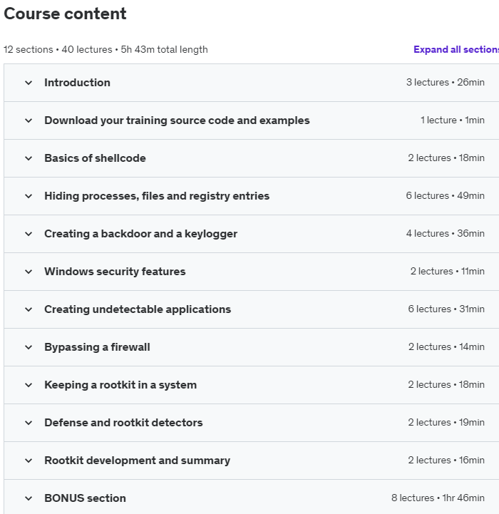 Course topics · Udemy — Rootkits and Stealth Apps: Creating & Revealing 2.0 HACKING 2019-02