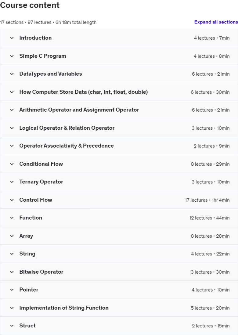 Course topics · The Complete C Programming Course for Beginners 2023-2
