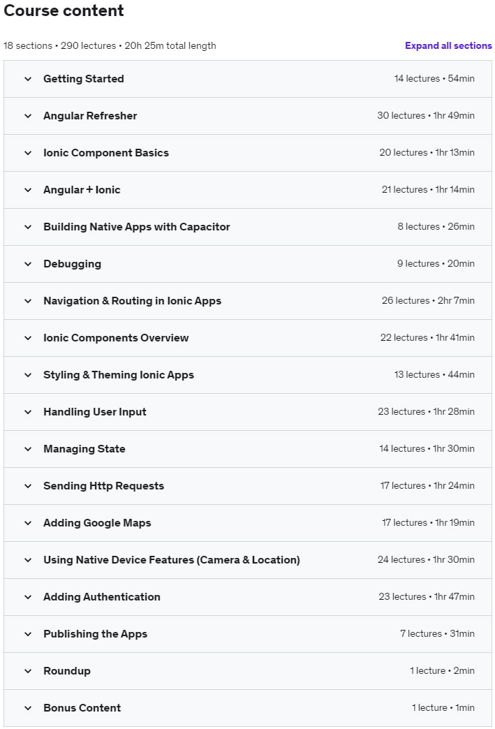 Course topics · Ionic – Build iOS, Android & Web Apps with Ionic & Angular 2023-4