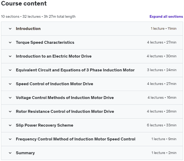 Course topics · Udemy — Fundamentals of Electric Motor Drives with Induction Motor 2023-4
