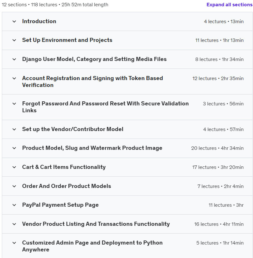 Course topics · Django 4 Python Masterclass 2023: Full stack web development 2022-12
