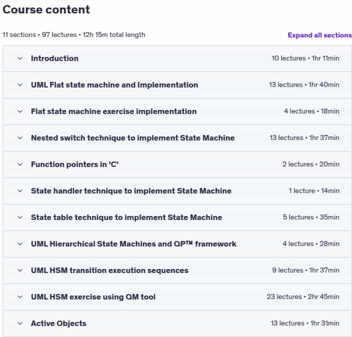 Course topics · Udemy — Embedded System Design using UML State Machines 2025-8