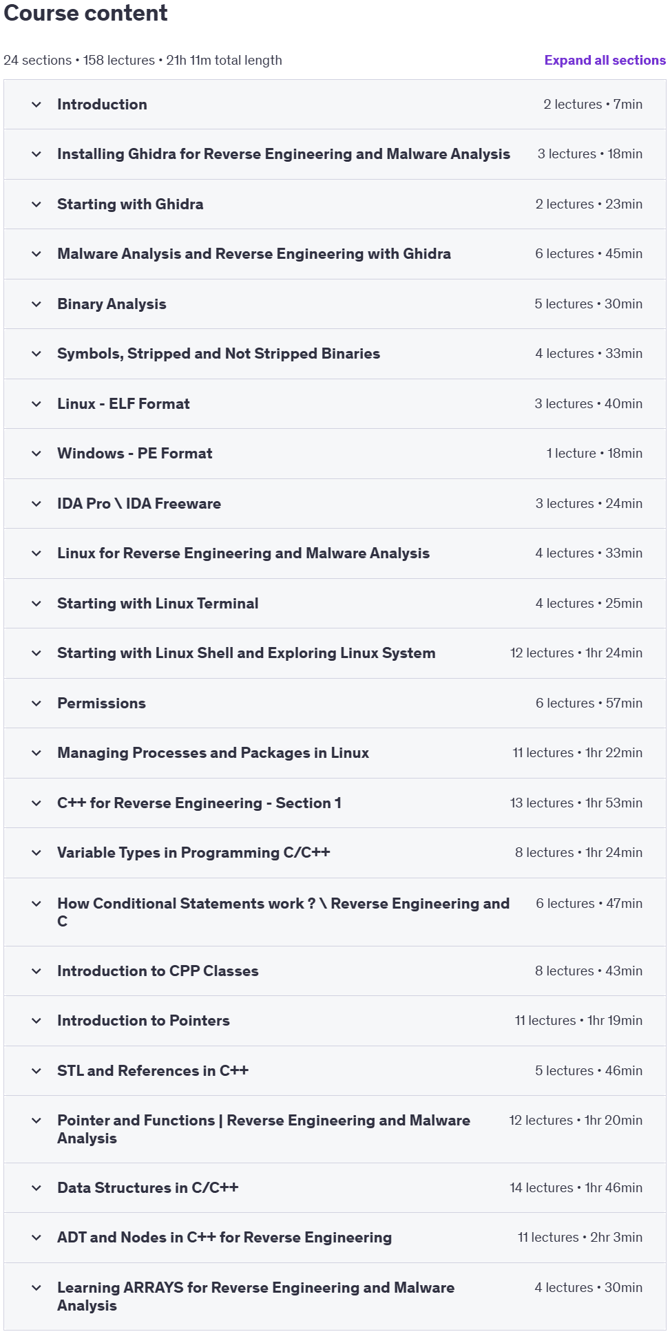 Course topics · Udemy — Reverse Engineering & Malware Analysis in 21 Hours | REMAC+ 2023-8