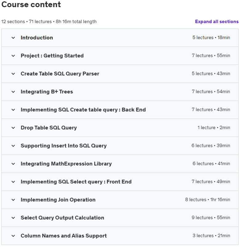 Course topics · Project : Implement SQL-RDBMS from Scratch in C/C++ 2024-1