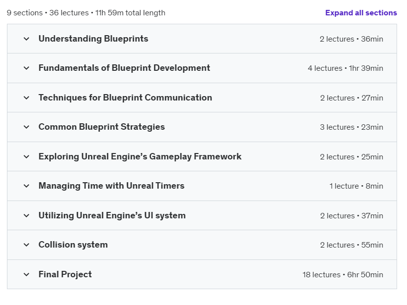 Course topics · Comprehensive Guide to Unreal Blueprint Development 2024-11