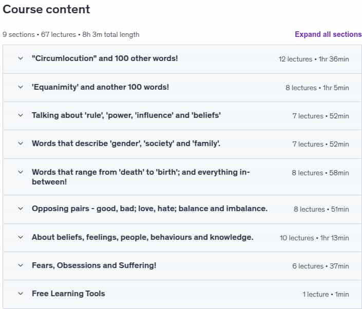 Course topics · Udemy — Master 500+ Advanced English words with Ease – in 2 weeks! 2025-8