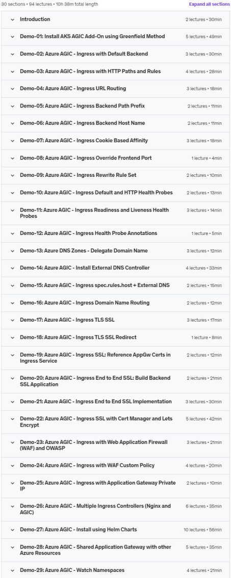Course topics · Udemy — Azure Kubernetes Service AGIC Ingress: 30 Real-World Demos 2023-10