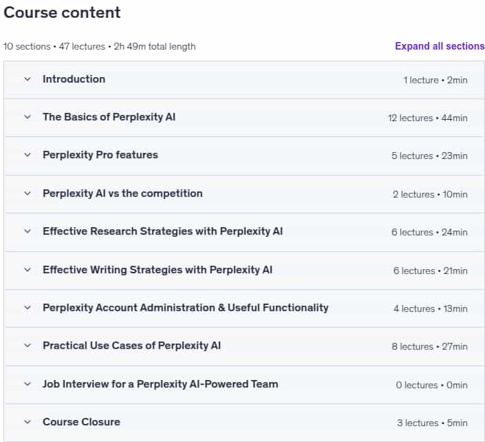Course topics · Udemy — Perplexity AI – The Ultimate Course for Research and Writing 2025-10