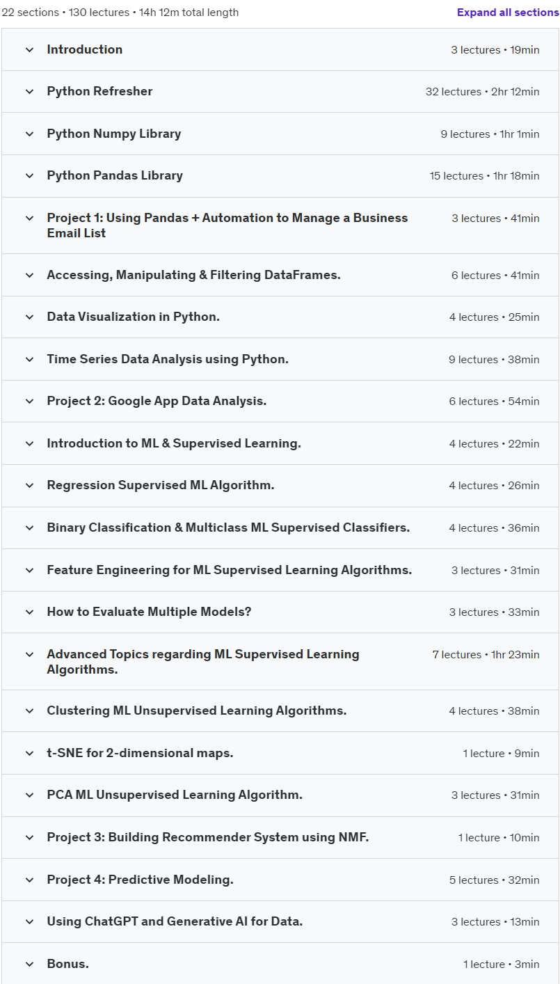 Course topics · Udemy — Data Science & Machine Learning Study Bootcamp: From A to Z. 2024-5
