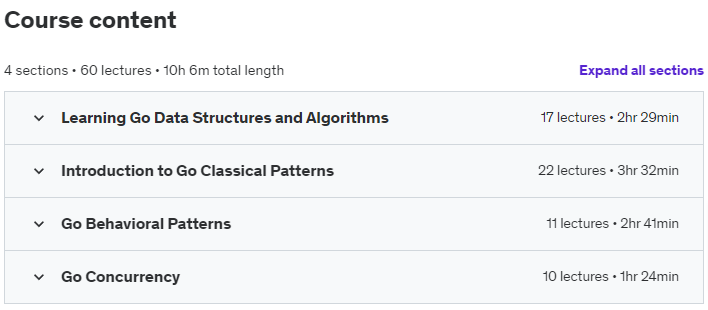 Course topics · Udemy — Go: Data Structures, Algorithms and Design Patterns with Go 2019-4
