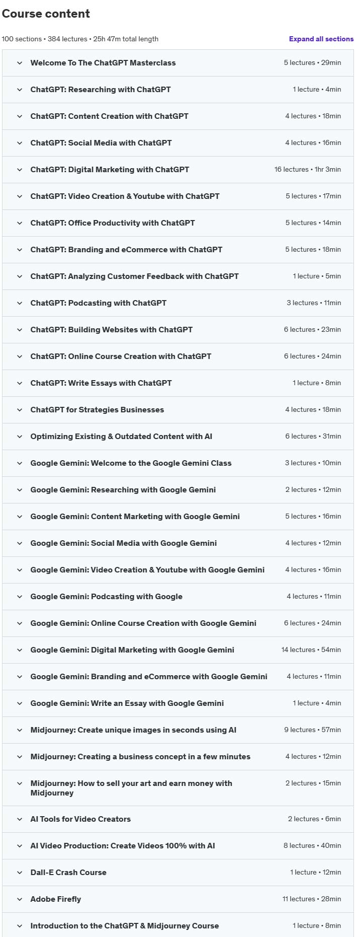 Course topics · Full AI Course: ChatGPT, Google Gemini, Midjourney, Firefly 2024-10