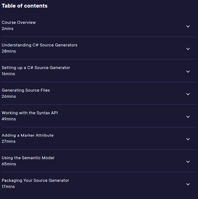 Course topics · Pluralsight — Developing Source Generators in C# 10 2023-2