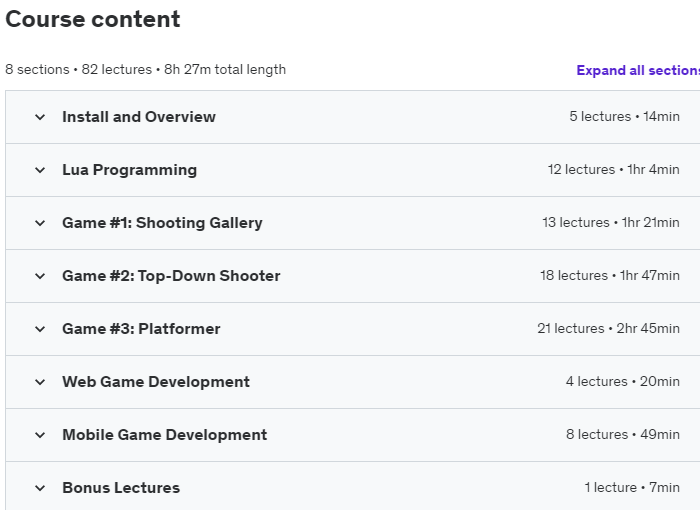 Course topics · Udemy — Master Lua Programming and Create Amazing Games with LÖVE! 2023-6