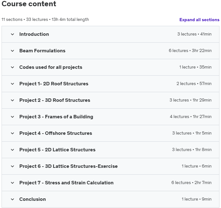 Course topics · Udemy — Finite Element Analysis with MATLAB & ANSYS: BEAM STRUCTURES 2021-7