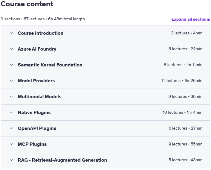 Course topics · Develop Agentic .NET Applications Using Semantic Kernel 2025-8
