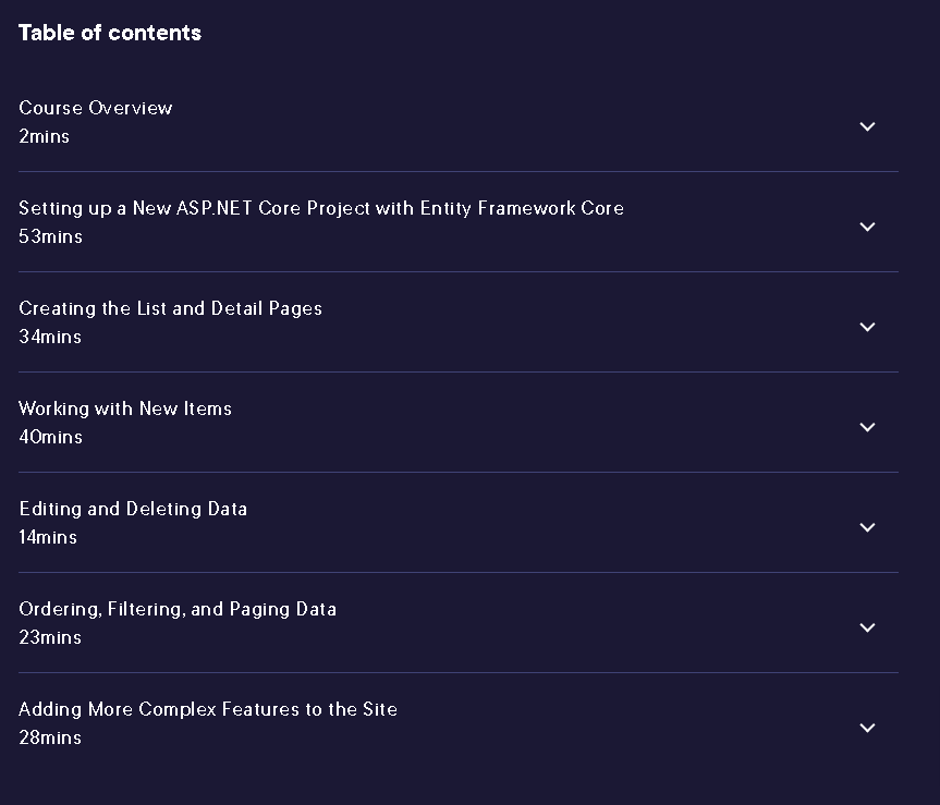 Course topics · Pluralsight — Building a Data-driven ASP.NET Core Application with EF Core 2025-3