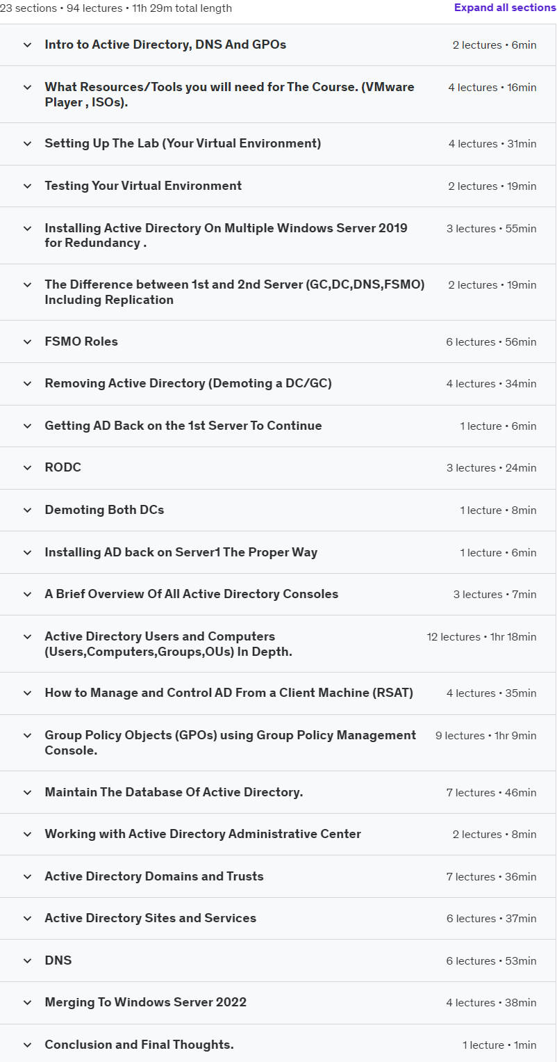 Course topics · Udemy — Mastering Active Directory,DNS,GPOs 2019/2022 100% HANDS ON. 2024-4