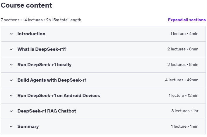 Course topics · Udemy — DeepSeek R1: Build AI Agents & RAG Apps on Your Own Machine 2025-1