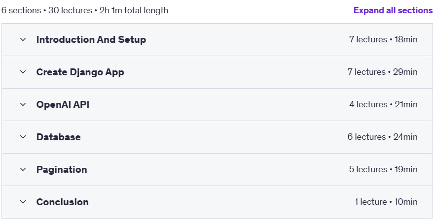 Course topics · Udemy — Create a Text Completion ChatGPT A.I. Bot With Django 2023-1