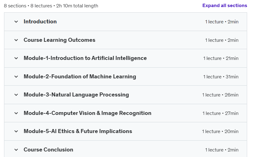 Course topics · Udemy — AI Unlocked: A Beginner’s Guide to Artificial Intelligence 2024-11