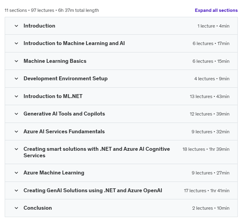 Course topics · Udemy — Generative AI for .NET Developers with Azure AI Services 2024-11