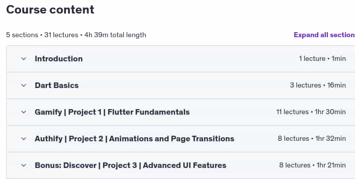 Course topics · Flutter UI Bootcamp | Build Beautiful Apps using Flutter updated 2021-11
