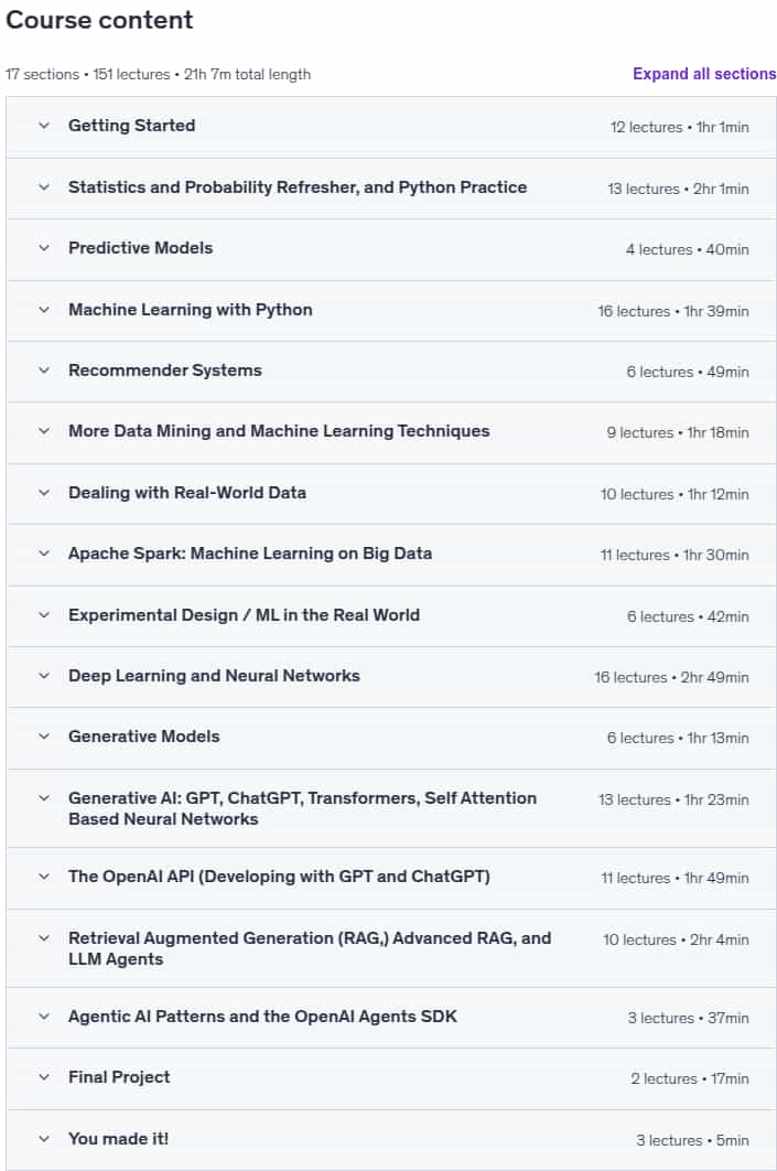 Course topics · Machine Learning, Data Science & AI Engineering with Python 2025-9